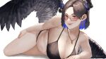  1girl asymmetrical_horns bare_shoulders black_bra black_hair black_panties black_wings blue_hair bra breasts cleavage collarbone colored_inner_hair crystal_horns demon_horns feathered_wings flower gold_necklace highres hololive hololive_english horn_flower horns jewelry large_breasts lingerie looking_at_viewer mole mole_under_eye multicolored_hair necklace nerissa_ravencroft nerissa_ravencroft_(casual) official_alternate_hair_length official_alternate_hairstyle panties red_eyes reijiruu simple_background smile solo two-tone_hair underwear underwear_only uneven_horns virtual_youtuber white_background wings 