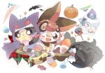  ;d black_eyes bright_pupils broom broom_riding buck_teeth candy closed_mouth commentary_request food halloween halloween_bucket highres hood hood_up lollipop morpeko neck_ribbon no_humans one_eye_closed open_mouth pokemon pokemon_(creature) pumpkin ribbon scorbunny smile swirl_lollipop teeth white_pupils yellow_ribbon yupo_0322 
