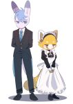  1boy 1girl absurdres aggressive_retsuko amituoquian apron artist_request black_dress black_shoes black_suit blue_eyes blue_hair blue_necktie check_artist closed_eyes dress furry furry_female furry_male highres long_sleeves maid maid_apron necktie retsuko shoes simple_background standing suit tadano_(aggretsuko) tailcoat white_apron white_background 