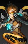  artist_name bangs bodysuit bomber_jacket brown_eyes brown_gloves brown_hair brown_jacket character_name clothes_writing cross-laced_clothes dual_wielding ear_piercing fur_trim gloves goggles gun handgun harness holding holding_gun holding_weapon jacket leather leather_jacket one_eye_closed orange_bodysuit overwatch pants piercing pistol pokey short_hair short_sleeves sleeves_rolled_up solo spiked_hair swept_bangs thighs tight tight_pants tracer_(overwatch) vambraces watermark weapon 