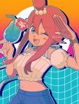  1girl ;d blue_eyes blue_shorts crop_top cup drinking_glass drinking_straw hair_between_eyes highres hiiro99522 looking_at_viewer midriff navel official_alternate_costume one_eye_closed open_mouth outline pokemon pokemon_masters_ex red_hair salute short_hair_with_long_locks shorts sidelocks skyla_(pokemon) skyla_(summer_2025)_(pokemon) smile solo teeth twitter_username upper_teeth_only white_outline 