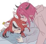  2girls animal_ears blue_eyes blush ear_blush ear_tag fang grey_hoodie hakos_baelz halo hololive hololive_english hood hoodie horns irys_(hololive) long_sleeves lying mouse_ears multicolored_hair multiple_girls on_stomach one_eye_closed open_mouth pink_hoodie ramphastostella red_hair simple_background smile streaked_hair sweat virtual_youtuber white_background white_hair yellow_nails yuri 