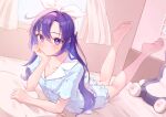  1girl absurdres barefoot blue_archive blush bow_hairband breasts cleavage commentary_request curtains hairband hand_on_own_cheek hand_on_own_face highres indoors long_hair looking_at_viewer lying on_bed on_stomach purple_eyes purple_hair short_sleeves shorts smile solo stuffed_animal stuffed_toy sutsumi window yuuka_(blue_archive) yuuka_(pajamas)_(blue_archive) 