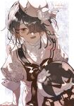  1girl absurdres black_hair bow bowtie brown_eyes collar dress fate/grand_order fate_(series) hair_over_one_eye hat highres lady_yu_doll looking_at_viewer mole mole_under_eye nasubi_illust puffy_sleeves red_bow red_bowtie sailor_collar short_dress short_hair smile solo stuffed_toy upper_body white_dress white_hat xu_fu_(fate) xu_fu_(fgo_fes._2025)_(fate) 