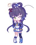  1girl asymmetrical_legwear bare_shoulders black_socks black_thighhighs blue_shoes chibi chinese_commentary detached_sleeves food full_body green_eyes grey_hair hair_ornament hair_rings long_hair looking_at_viewer luo_tianyi luo_tianyi_v3 one_eye_closed pixel_art pleated_skirt pointzhu shoes short_hair_with_long_locks simple_background skirt socks solo standing steamed_bun thighhighs twintails uneven_legwear vocaloid vsinger_(vocaloid) white_background white_shoes 