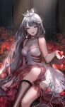  1girl animal_print artist_request bare_shoulders bat_print black_crown black_socks blue_eyes blunt_bangs breasts crown demon_wings dress earrings fake_wings feet_out_of_frame fishnet_dress fishnet_socks fishnets flower frilled_dress frills game_cg gleam grey_hair highres holding holding_petal indoors jewelry knee_up kneehighs lace-trimmed_socks large_breasts light_particles light_rays lilith_(shining_nikki) lipstick long_hair looking_to_the_side loose_hair_strand makeup medium_dress nail_polish nikki_(series) official_art parted_lips petals purple_wings red_flower red_lips red_nails red_rose rose rose_petals shining_nikki single_earring sitting sleeveless sleeveless_dress socks solo very_long_hair wavy_hair white_dress window wings 