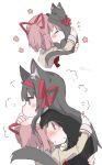  2girls akemi_homura animal_ear_fluff animal_ears animalization black_hair blush buivi cat_ears cat_girl cat_tail closed_eyes hair_ribbon hairband highres juliet_sleeves kaname_madoka kemonomimi_mode long_hair long_sleeves mahou_shoujo_madoka_magica mahou_shoujo_madoka_magica_(anime) mitakihara_school_uniform multiple_girls pink_eyes pink_hair puffy_sleeves red_hairband red_ribbon ribbon school_uniform shirt sweatdrop tail transformation twintails yellow_shirt yuri 