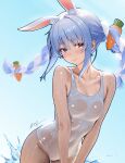  1girl absurdres animal_ear_fluff animal_ears bad_id bad_pixiv_id blush braid brown_eyes carrot_hair_ornament closed_mouth extra_ears food-themed_hair_ornament hair_between_eyes hair_ornament highres hololive long_hair looking_at_viewer one-piece_swimsuit rabbit_ears rabbit_girl sidelocks smile solo swimsuit twin_braids usada_pekora wet wet_clothes wet_swimsuit white_one-piece_swimsuit wuhe2233pz 