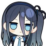  1girl :| animated animated_gif aqua_eyes aqua_necktie aris_(blue_archive) black_background black_jacket blue_archive blue_hair blue_hairband blue_jacket blush_stickers chibi chunye_haruya closed_mouth collared_shirt d: dot_nose hair_between_eyes hairband jacket jitome long_bangs long_hair long_hair_between_eyes looking_at_viewer lowres multicolored_jacket necktie no_pupils one_side_up open_clothes open_jacket parted_lips school_uniform second-party_source shirt simple_background solo transparent_background upper_body white_jacket white_shirt 