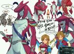  ! !! ... 1girl 2boys :| abs aged_down arrow_(symbol) ascot belt blue_eyes blue_gemstone blue_sash blue_tunic boots brown_boots carrying carrying_person closed_eyes closed_mouth colored_skin fins fish_boy gem gills head_fins headpiece holding holding_sword holding_weapon jewelry korean_text laughing layered_sleeves linea_alba link long_sleeves looking_to_the_side looking_up male_focus mimme_(haenakk7) mipha multiple_boys multiple_views navel necklace nervous_sweating open_mouth parted_bangs parted_hair plume red_skin reference_inset sash scar scar_on_head sharp_teeth shirt short_over_long_sleeves short_sleeves sideways_glance sidon speech_bubble spoken_ellipsis sweat sweatdrop sword teeth the_legend_of_zelda the_legend_of_zelda:_breath_of_the_wild toned toned_male topless_male translation_request tunic weapon white_ascot white_background white_shirt yellow_eyes zora 