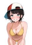 1girl absurdres backwards_hat baseball_cap bent_over bikini black_hair blue_eyes breasts cleavage commentary grin hat highres hololive kisame_(kisame_72) leaning_forward medium_breasts oozora_subaru short_hair simple_background smile solo swimsuit symbol-only_commentary virtual_youtuber white_background yellow_bikini 