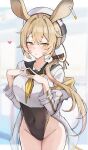  1girl absurdres animal_ears arknights black_leotard black_sailor_collar blonde_hair covered_navel cowboy_shot cropped_shirt dorothy_(arknights) grey_jacket hat highleg highleg_leotard highres jacket leotard light_blush long_hair long_sleeves looking_at_viewer mango_(mgo) mouse_ears mouse_girl neckerchief off_shoulder ponytail sailor_collar shirt solo white_hat white_shirt yellow_eyes yellow_neckerchief 