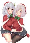  2girls :d absurdres black_legwear blue_eyes blush breast_press breasts capelet commentary_request eyebrows_visible_through_hair eyes_visible_through_hair full_body fur_trim gloves hair_between_eyes hair_ornament hair_over_one_eye hairclip hamakaze_(kantai_collection) hat highres impossible_clothes kantai_collection kashima_(kantai_collection) large_breasts long_hair long_sleeves looking_at_viewer miniskirt multiple_girls open_mouth pantyhose pink_lips pleated_skirt pom_pom_(clothes) red_capelet red_hat red_sweater santa_hat sarfata short_hair sidelocks silver_hair skirt smile sweater symmetrical_docking tsurime twintails wavy_hair white_background white_gloves 