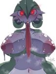 3_fingers areola big_areola big_breasts big_nipples bodily_fluids breasts chest_spike female fingers gardevoir generation_3_pokemon glowing glowing_eyes green_hair hair hanya hi_res huge_breasts looking_at_viewer nintendo nipples pink_areola pink_nipples pokemon pokemon_(species) pseudo_clothing puffy_nipples pupils red_eyes short_hair simple_background solo spikes spikes_(anatomy) sweat sweatdrop sweating_profusely sweaty_breasts white_background white_body white_pupils white_skin