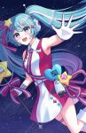  1girl absurdres armpits blush bow bowtie dress gloves hair_between_eyes hair_ornament hair_ribbon hatsune_miku headphones highres holding holding_microphone_stand long_hair magical_mirai_(vocaloid) magical_mirai_miku magical_mirai_miku_(2022) microphone_stand necktie official_alternate_costume official_alternate_hairstyle open_mouth red_dress ribbon sky smile solo star_(sky) star_(symbol) star_hair_ornament starry_sky striped_bow striped_bowtie striped_clothes striped_necktie striped_ribbon thigh_strap twintails very_long_hair vocaloid white_gloves yeerasuto 