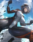  1girl absurdres aircraft black_bodysuit blue_sky bodysuit breasts building cameltoe city clenched_hands closed_mouth cloud colossus_(natsukaze_shigure) covered_navel day destruction from_below giant giantess green_eyes grey_hair headgear helicopter highres impossible_bodysuit impossible_clothes large_breasts magical_girl natsukaze_shigure original outdoors short_hair skin_tight sky skyscraper solo thighs variant_set 