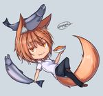  animal_ears brown_hair chibi dreadtie fang fish food fox_ears fox_tail highres original salmon-san_(dreadtie) short_hair solo sushi tail 