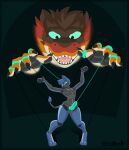 2025 anthro black_body black_pawpads blue_body blue_hair brown_body brown_hair canid canine canis digitigrade dinosaur duo ellis_(gridbull) erection genitals gridbull hair hi_res joints knot living_puppet male mammal mind_control multicolored_body nude_anthro nude_male open_mouth orange_body pawpads penis prehistoric_species red_body reptile scalie sharp_teeth string tail teal_eyes teal_penis teal_sclera teeth two_tone_body wolf