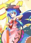  1girl 2000s_(style) :d apron black_hat blue_hair blue_skirt bow bowtie commentary_request cowboy_shot floating_hair hand_on_hilt hat hinanawi_tenshi long_hair looking_at_viewer neki-t open_mouth peach_hat_ornament pink_apron pink_shirt planted planted_sword puffy_short_sleeves puffy_sleeves red_bow red_bowtie red_eyes shirt short_sleeves skirt smile solo standing sword sword_of_hisou touhou very_long_hair weapon 