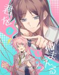  2girls bang_dream! bang_dream!_it&#039;s_mygo!!!!! blue_eyes blue_shirt brown_hair chihaya_anon chinese_commentary collared_shirt commentary_request green_necktie grey_eyes grey_jacket haneoka_school_uniform highres jacket long_hair long_sleeves multiple_girls nagasaki_soyo necktie outline pink_hair pink_outline school_uniform shiba257 shirt sidelocks translation_request tsukinomori_school_uniform white_shirt 