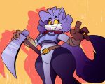 2022 4_fingers absurd_res anthro arm_wraps armor belt black_eyebrows blue_ears blue_hair breastplate breasts canid canine clothed clothed_anthro clothed_female clothing cloudidoodles digital_drawing_(artwork) digital_media_(artwork) eyebrows eyelashes female female_anthro fingers fox front_view hair hi_res holding_object holding_weapon mammal portrait red_eyes roxanne_oxley smile solo tail thick_thighs three-quarter_portrait weapon wraps yellow_sclera