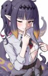  1girl ;) black_bow black_bowtie blunt_bangs bow bowtie breasts clothes_around_waist commentary diamond_hairband english_commentary eyepatch finger_to_mouth flashing grey_jacket highres hololive jacket jacket_around_waist light_blush long_hair long_sleeves looking_at_viewer mole mole_under_eye multicolored_hair ninomae_ina&#039;nis ninomae_ina&#039;nis_(school_uniform) official_alternate_costume one_eye_closed open_clothes open_shirt pink_hair pointy_ears purple_eyes purple_hair sanwanton school_uniform shirt shushing side_ponytail simple_background small_breasts smile solo tentacles two-tone_hair virtual_youtuber white_background white_shirt 