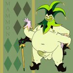 2025 4_arms absurd_res balls belly cane clothing demon digital_drawing_(artwork) digital_media_(artwork) empty_eyes fool&#039;s_hat footwear genitals gloves green_eyes green_nipples handwear hat headgear headwear helluva_boss hi_res humanoid male mammon_(helluva_boss) moobs mostly_nude multi_arm multi_limb navel nipples overweight overweight_male penis peterdamart shoes solo teeth
