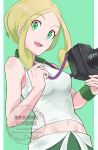  1girl :d blonde_hair camera dusk_poke27 green_background green_eyes highres holding holding_camera looking_at_viewer midriff navel open_mouth pokemon pokemon_xy short_hair smile solo tank_top teeth viola_(pokemon) white_tank_top wristband 