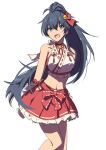  1girl :d absurdres antenna_hair arms_behind_back bare_shoulders bell black_hair blue_eyes choker crop_top fang floating_hair frilled_skirt frills ganaha_hibiki gloves hair_bell hair_between_eyes hair_ornament high_ponytail highres idolmaster idolmaster_(classic) long_hair looking_at_viewer midriff miniskirt nashiki_053 navel nontraditional_miko pleated_skirt ponytail red_ribbon red_skirt ribbon ribbon_choker simple_background sketch skirt smile solo standing stomach very_long_hair white_background white_gloves 