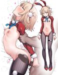 1boy 1girl animal_ears arched_back arm_held_back arms_at_sides asumi_(000) bar_censor blonde_hair blue_bow blue_bowtie blunt_bangs blush bow bowtie braid breasts censored clothed_female_nude_male clothed_sex commentary_request cowboy_shot dark-skinned_male dark_skin fake_animal_ears from_side frontless_outfit full_body green_eyes hair_ornament hair_rings hairband head_back heart heart_maebari heart_pasties hetero highres hiphighs indie_virtual_youtuber long_sleeves looking_at_self looking_down maebari motion_lines multiple_views navel nipples no_pupils nude open_mouth parted_lips pasties penis pom_pom_(clothes) pom_pom_hair_ornament profile rabbit_ears raised_eyebrows red_hairband red_shoes red_shrug reverse_bunnysuit reverse_outfit ribs rolling_eyes sex sex_from_behind shigure_ui_(vtuber) shoes short_hair side_braid simple_background small_breasts solo_focus speed_lines standing standing_sex stomach sweat sweatdrop tearing_up testicles thigh_strap translation_request virtual_youtuber white_background x-ray 