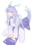  0820_lakia 1girl :&lt; absurdres antlers between_legs braid breasts crying dragon_girl dragon_horns dragon_tail eastern_dragon_horns eastern_dragon_tail frilled_sleeves frills full_body green_eyes hand_between_legs highres horns long_hair long_sleeves mandarin_collar medium_breasts original pelvic_curtain pointy_ears purple_hair simple_background single_braid slit_pupils solo tail white_background 