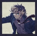  1boy black_border blazer blood blood_on_face blue_eyes border brown_hair dirty dirty_clothes dirty_face dress_shirt facing_to_the_side grey_jacket grey_pants grey_shirt hashibi_rokou jacket looking_to_the_side male_focus necktie open_clothes open_jacket open_mouth outside_border outstretched_arms pants pompadour red_necktie shirt sideburns spyral_super_agent striped_clothes thick_eyebrows upper_body wind yellow_background yu-gi-oh! 