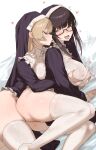  2girls black-framed_eyewear blonde_hair blue_eyes blush breasts brown_hair covered_nipples glasses grabbing_another&#039;s_breast grabbing_from_behind groping highres large_breasts long_hair m_k multiple_girls nun open_mouth orange_eyes original sweat thick_thighs thighhighs thighs tongue tongue_out white_thighhighs yuri 