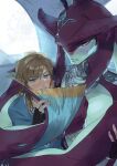  2boys arms_around_back biting black_gloves blonde_hair blue_eyes blue_gemstone blue_tunic blush closed_mouth colored_skin commentary_request embarrassed fingerless_gloves fins fish_boy gem gloves head_fins headpiece highres holding jewelry link long_pointy_ears looking_at_another looking_to_the_side male_focus multiple_boys necklace parted_bangs parted_hair plume pointy_ears red_skin scar scar_on_head shimaelz sideways_glance sidon size_difference teeth the_legend_of_zelda the_legend_of_zelda:_breath_of_the_wild tunic upper_body watermark yaoi zora 