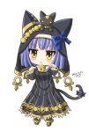  absurdres animal_ear_headwear animal_on_head ankh artist_name bastet_lore bell black_dress blue_hair blue_ribbon cat cat_tail chibi dated dress emil_chronicle_online hair_ribbon highres neck_bell nun on_head open_mouth paw_pose ribbon tail white_background yanapy yellow_eyes 