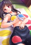  amasora_taichi bike_shorts black_hair breasts chemise collarbone hand_on_own_stomach highres long_hair looking_at_viewer lying medium_breasts midriff on_back original red_eyes shirt_lift smile solo translated twister 