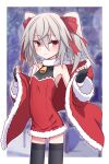  1girl absurdres bell black_thighhighs bow christmas coat dress elena_trafalgar flat_chest fur-trimmed_coat fur-trimmed_dress fur-trimmed_gloves fur_trim gloves grey_hair hair_bow highres ikune_juugo looking_at_viewer neck_bell original outdoors red_bow red_eyes santa_costume solo thighhighs twintails winter 