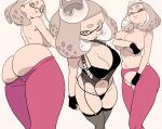 big_breasts bodily_fluids bra breasts butt cephalopod clothed clothing covering covering_breasts crotchless_clothing crown female garter_straps headgear hi_res huge_breasts humanoid inkling leggings legwear lingerie looking_at_viewer marine mollusk multiple_poses nintendo not_furry panties pearl_(splatoon) pose pseudo_hair simple_background solo splatoon sweat tentacle_hair tentacles topless underwear white_background yuta_agc