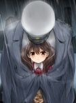  1girl admiral_(kantai_collection) blush brown_eyes brown_hair covering faceless hat interlocked_fingers jacket jacket_on_shoulders japanese_clothes kantai_collection kariginu magatama military military_uniform naval_uniform peaked_cap primary_stage rain raincoat ryuujou_(kantai_collection) shared_clothes shared_coat twintails twitter_username uniform 