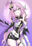  1girl arrow_(projectile) black_shorts blue_eyes breasts cleavage commentary_request corset cowboy_shot elf elysia_(honkai_impact) elysia_(miss_pink_elf)_(honkai_impact) hair_ornament highres holding holding_arrow honkai_(series) honkai_impact_3rd large_breasts lizi_mogu looking_at_viewer pink_hair pointy_ears purple_background short_shorts shorts shrug_(clothing) smile solo thighs white_corset 