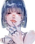  1girl black_eyes blue_hair blunt_bangs blunt_ends bob_cut closed_mouth cross cross_earrings ear_piercing earrings face_piercing finger_to_mouth flower_tattoo gradient_hair grey_hair hand_on_own_neck highres jewelry lip_piercing lip_ring looking_at_viewer mole mole_under_eye mole_under_mouth multicolored_hair ninjin_14 original piercing portrait ring simple_background solo strap tattoo white_background 