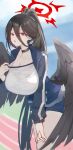  1girl absurdres black_choker black_hair black_wings blue_archive blue_jacket blue_shorts breasts choker feather_hair_ornament feathers from_side haimaotuanzi hair_between_eyes hair_ornament hasumi_(blue_archive) hasumi_(track)_(blue_archive) highres jacket large_breasts long_bangs long_hair looking_at_viewer mole mole_under_eye official_alternate_costume official_alternate_hairstyle open_mouth ponytail red_hair shirt shorts solo white_shirt wings 