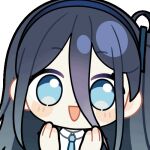  1girl :d animated animated_gif aqua_eyes aqua_necktie aris_(blue_archive) black_jacket blinking blue_archive blue_hair blue_hairband blue_jacket blush_stickers chibi chunye_haruya clapping collared_shirt disembodied_hand dot_nose hair_between_eyes hairband jacket long_bangs long_hair long_hair_between_eyes looking_at_viewer lowres multicolored_jacket necktie one_side_up open_clothes open_jacket open_mouth school_uniform second-party_source shirt simple_background smile solo transparent_background upper_body white_jacket white_shirt 