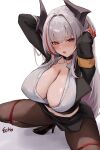  1girl absurdres admiral_zenker_(azur_lane) admiral_zenker_(fun_with...interrogations?)_(azur_lane) areola_slip armband arms_behind_head artist_name azur_lane bdsm black_horns black_jacket black_pantyhose black_shoes black_skirt bondage bound breasts cleavage e.c.ho high_heels highres holding horns huge_breasts jacket large_variant_set long_hair looking_at_viewer multicolored_hair office_lady official_alternate_costume pantyhose pencil_skirt red_eyes red_hair red_streaks restrained shirt shoes simple_background skirt solo spread_legs squatting streaked_hair teeth torn_clothes torn_pantyhose two-tone_hair variant_set white_hair white_shirt yellow_armband 