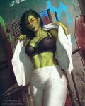  1girl abs black_bra black_lips blood blood_splatter bra breasts cleavage colored_skin commentary dressing english_commentary gamora green_eyes green_hair green_skin guardians_of_the_galaxy highres krystopher_decker large_breasts lips looking_at_viewer marvel navel nose open_clothes open_shirt pants putting_on_jacket realistic science_fiction shirt signature solo standing stomach strap suit sword toned toned_female underwear weapon white_pants white_suit 