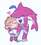  2boys :| armor belt black_boots blue_tunic blush_stickers boots chibi closed_eyes closed_mouth fingerless_gloves fins fish_boy gills gloves hair_between_eyes hand_on_another&#039;s_arm head_fins headpiece heart highres holding hug kuraraan link male_focus multiple_boys open_mouth parted_bangs pauldrons plume scar scar_on_head sharp_teeth shoulder_armor sidon simple_background teeth the_legend_of_zelda the_legend_of_zelda:_breath_of_the_wild tunic twitter_username upper_teeth_only white_background yaoi zora 