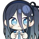  1girl :&lt; animated animated_gif aqua_eyes aqua_necktie aris_(blue_archive) black_jacket blue_archive blue_hair blue_hairband blue_jacket blush_stickers chibi chunye_haruya closed_mouth collared_shirt disembodied_hand dot_nose hair_between_eyes hairband index_fingers_together jacket long_bangs long_hair long_hair_between_eyes looking_at_viewer lowres multicolored_jacket necktie one_side_up open_clothes open_jacket school_uniform second-party_source shirt simple_background solo sweat sweatdrop transparent_background upper_body white_jacket white_shirt 