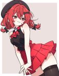  1girl :3 ahoge asami-chan ascot beret black_bow black_hat black_shirt black_thighhighs border bow braid breasts closed_mouth commission cowboy_shot dot_nose dutch_angle grey_background hair_bow hair_intakes hat highres looking_to_the_side low_twin_braids medium_breasts medium_hair miniskirt original own_hands_together red_ascot red_eyes red_skirt shirt sidelocks simple_background skirt sleeveless sleeveless_shirt smile solo thighhighs twin_braids v_arms white_border zettai_ryouiki 