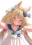  1girl ahoge animal_ear_fluff animal_ears blonde_hair blue_bow blue_eyes blue_hair blue_streaks blunt_bangs blush bow cat_ears dress fish_girl frilled_sailor_collar frills hair_bow hair_ornament head_bow head_tilt highres indie_virtual_youtuber lifebuoy_hair_ornament long_hair looking_at_viewer low_twintails multicolored_hair official_alternate_costume official_alternate_hairstyle pov sailor_collar sameko_saba selfie sharkudon shirt sidelocks skirt sleeveless smile solo streaked_hair twintails two-tone_hair very_long_hair virtual_youtuber white_background white_dress 