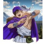  1boy 1other armlet belt black_hair blue_sky border bracelet cloak closed_eyes cloud day dragon_quest dragon_quest_v foliage hashtag-only_commentary hero_(dq5) jewelry liquid_metal_slime_(dq) low_ponytail male_focus muscular muscular_male one-shoulder_tunic open_mouth outdoors pg_pargon ponytail purple_cloak purple_turban silver_armlet sky smile teeth tree tunic turban upper_body upper_teeth_only white_border white_tunic 